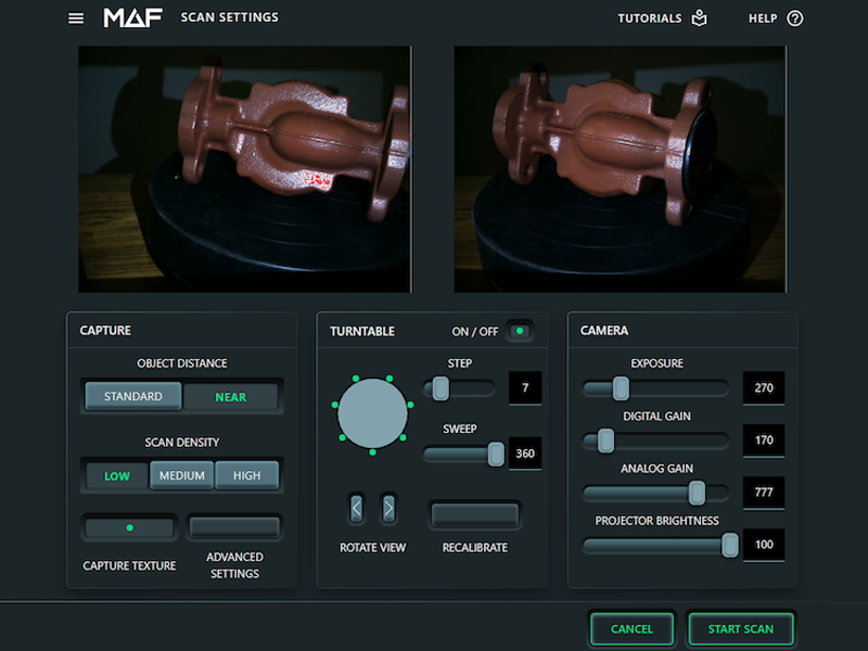 The user interface of the THREE 3D scanner